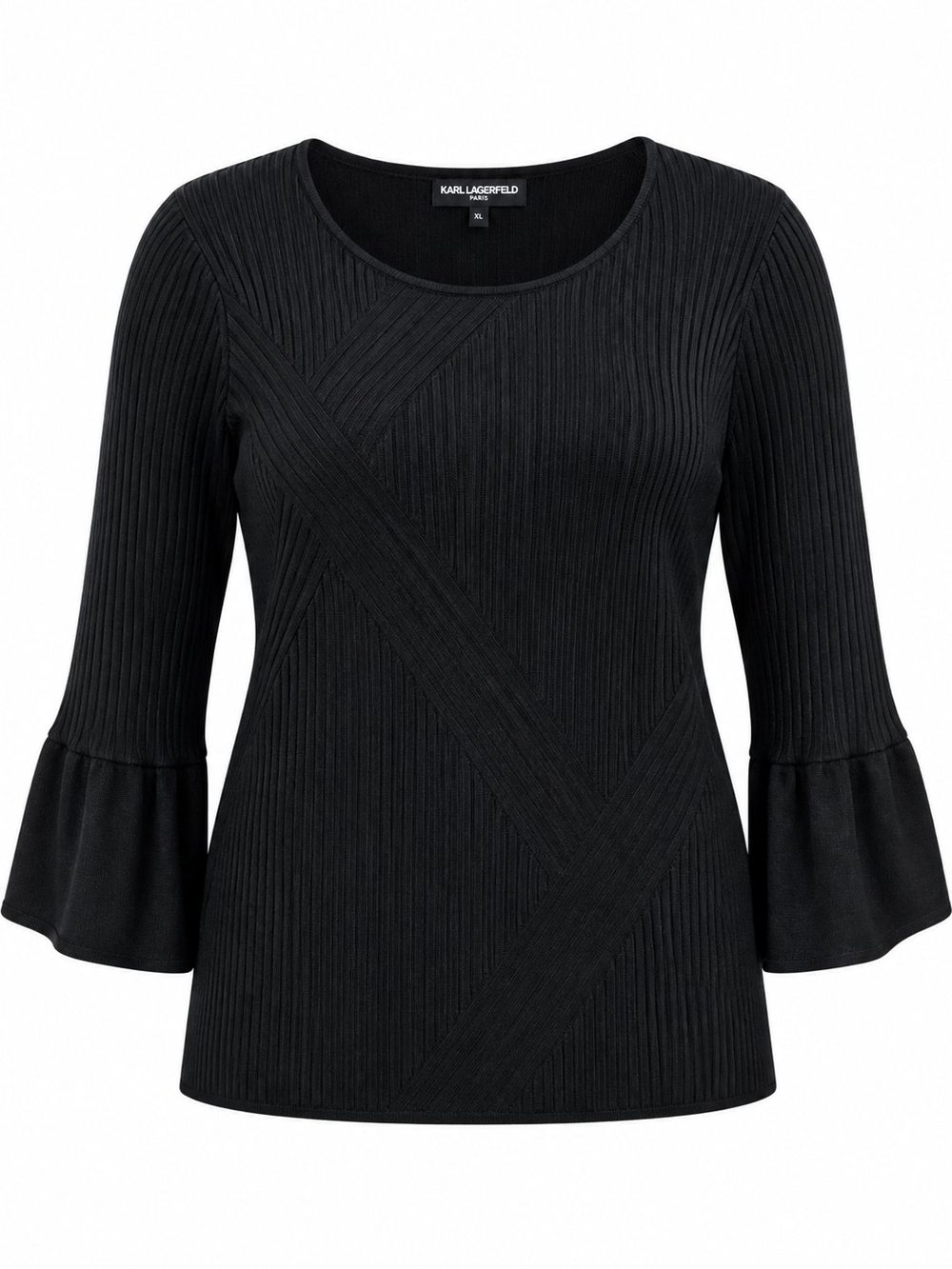 KARL LAGERFELD PARIS | Black Ribbed Bell Sleeve Sweater Textured Knit | XL
